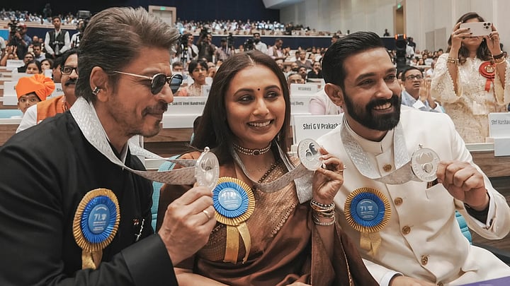 <div class="paragraphs"><p>Actor Shah Rukh Khan, Actor Rani Mukherjee and Actor&nbsp;Vikrant Massey at 71st National Film Awards ceremony.</p></div>