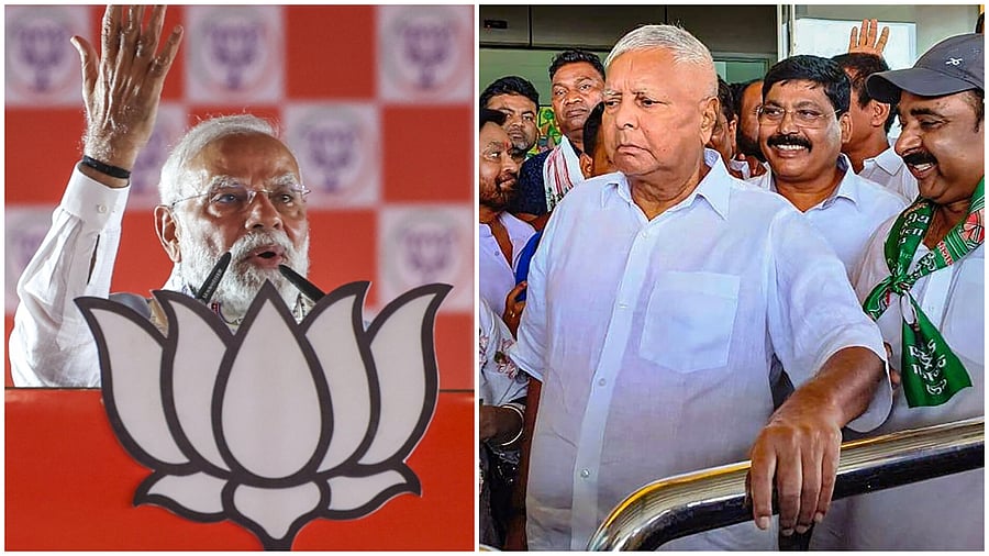 <div class="paragraphs"><p>PM Modi at a rally in Bihar(L), RJD's Lalu Prasad Yadav</p></div>