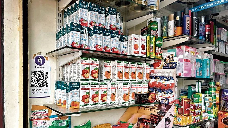 Pharmacies such as this one in Jayanagar continue to stock and sell mislabelled ORS tetra packs.