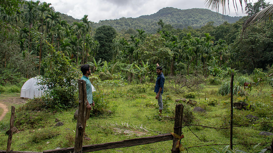 People of Begodi village point to the hill where KPCL plans to drill a tunnel for the pumped storage project across Sharavathi river in Uttara Kannada district. 