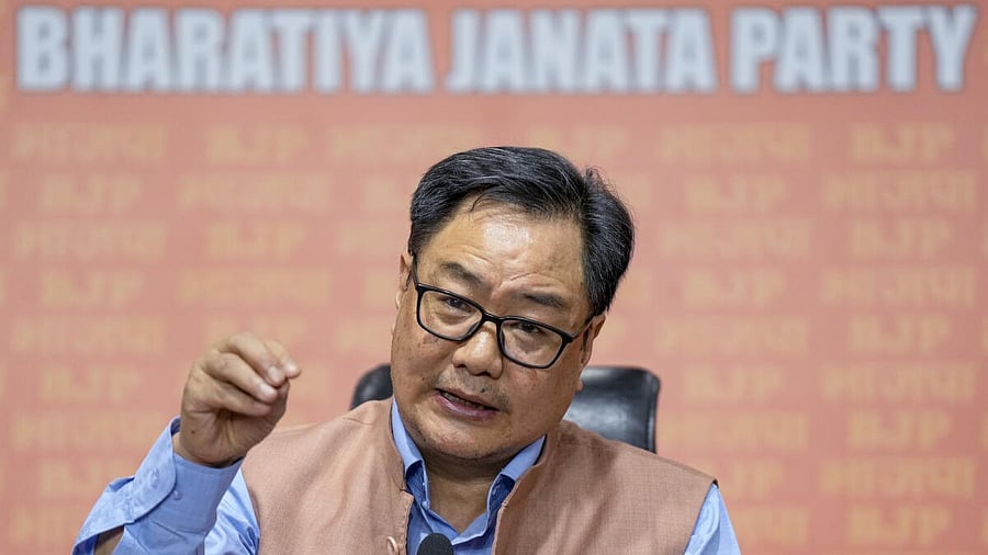 <div class="paragraphs"><p>Union Minister of Parliamentary Affairs Kiren Rijiju addresses a press conference at the BJP headquarters, in New Delhi.</p></div>