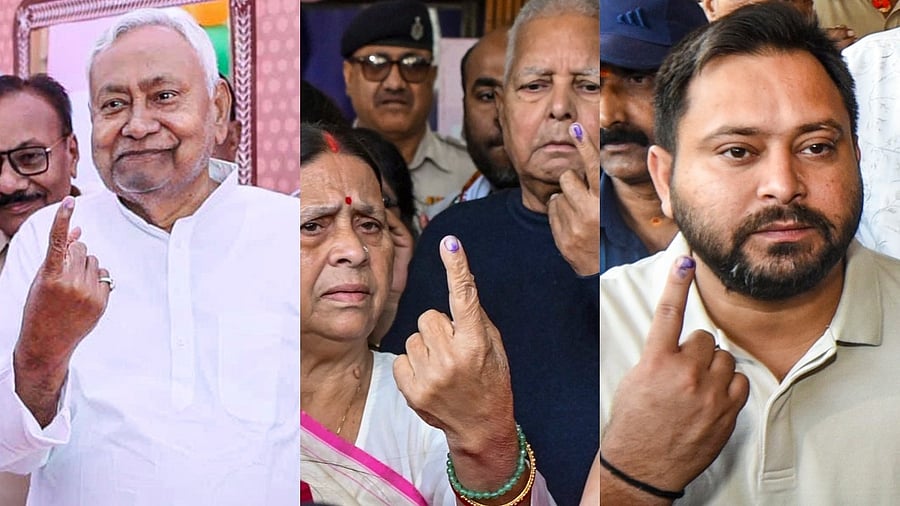 <div class="paragraphs"><p>Nitish Kumar (left) Lalu Prasad Yadav and Rabri Devi, and Tejashwi Yadav (R) show their fingers marked with indelible ink after casting votes.</p></div>