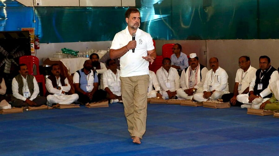 <div class="paragraphs"><p>LoP in the Lok Sabha and Congress leader Rahul Gandhi addresses a training camp for the party's district presidents under 'Sangathan Srijan Abhiyan', in Madhya Pradesh.</p></div>