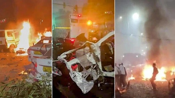 <div class="paragraphs"><p>In this combo of three images, rescue work underway amid mangled remains of vehicles after a blast occurred in a parked car near Red Fort, leaving multiple vehicles in flames, in New Delhi.</p></div>