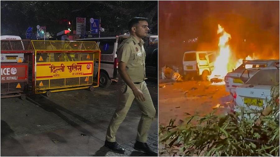 <div class="paragraphs"><p>Police personnel at the spot; Flames rise after a blast occurred in a parked car near Red Fort, leaving multiple vehicles in flames, in New Delhi.</p></div>