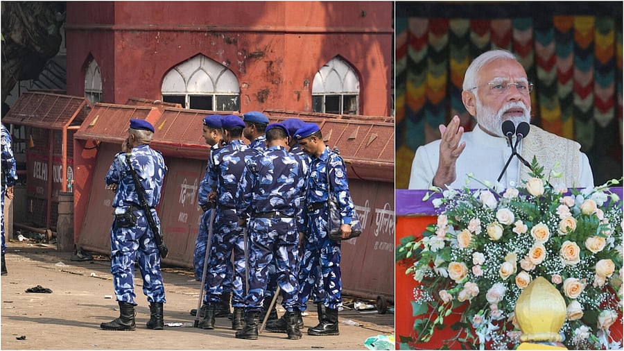 <div class="paragraphs"><p>Security personnel keep vigil near the Red Fort a day after an explosion in the area(L), PM Modi addresses a gathering in Bhutan</p></div>