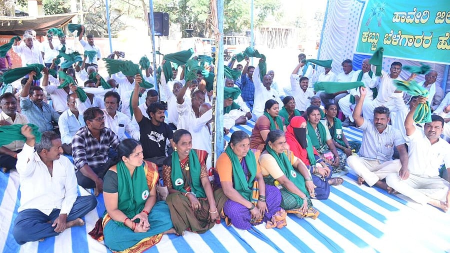 <div class="paragraphs"><p>Farmers continue their protest demanding the government-fixed price for sugarcane in Haveri on Tuesday. </p></div>