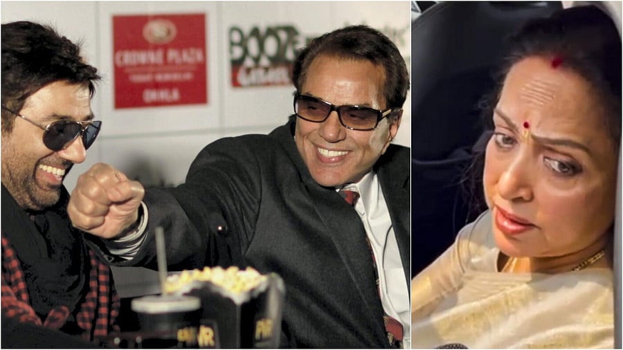 <div class="paragraphs"><p>Dharmendra with son Sunny Deol(L), Hema Malini </p></div>