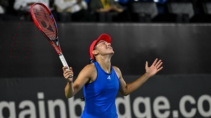 <div class="paragraphs"><p>Slovenia's Kaja Juvan celebrates her win over Netherlands' Suzan Lamens at SM Krishna Tennis Stadium on on Friday. </p></div>