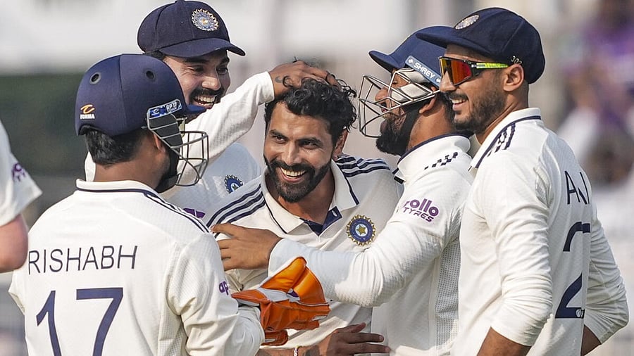 <div class="paragraphs"><p>India's Ravindra Jadeja with teammates celebrates the wicket of South Africa's Aiden Markram on day two of the first Test cricket match of a series between India and South Africa, at the Eden Gardens, in Kolkata, Saturday, Nov. 15, 2025.</p></div>