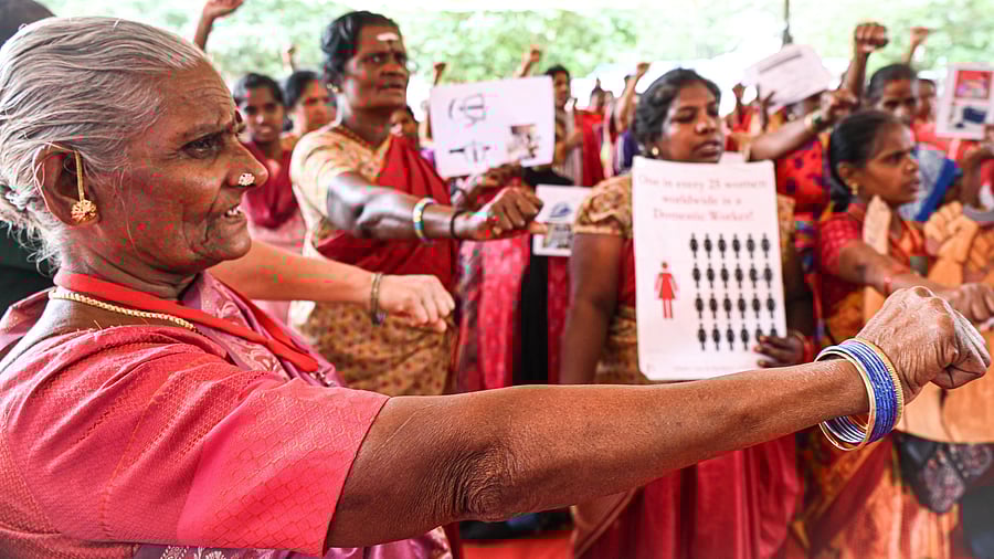 A file photo of domestic workers at a meeting to demand their rights in Bengaluru. Unions want the draft bill translated to Kannada from English, so that it easily reaches those it is meant for. While the bill has promised 'decent working conditions,' it fails to define them, they say.