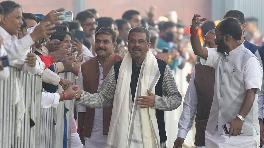 <div class="paragraphs"><p>Union Education Minister Dharmendra Pradhan arrives to join the celebrations following the NDA's victory in the Bihar Assembly elections, at the BJP Headquarters, in New Delhi.</p></div>