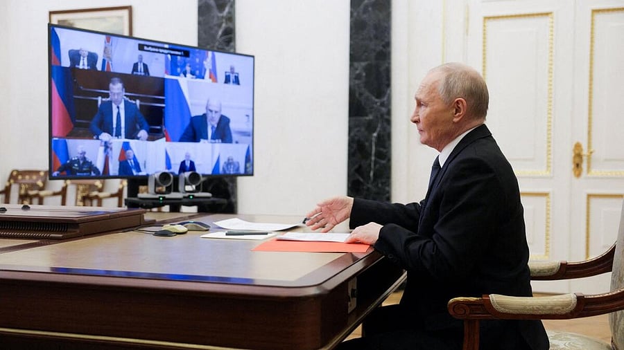 <div class="paragraphs"><p>Russian President Vladimir Putin chairs a meeting with members of the Security Council via a video link in Moscow, Russia.</p></div>