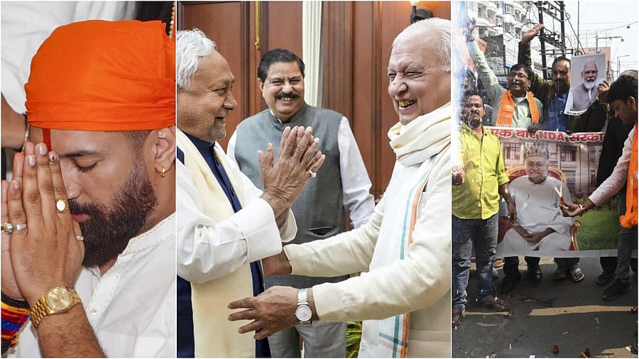 <div class="paragraphs"><p>Chirag Paswan(L), Nitish Kumar meets state Guv Khan(C) BJP supporters burst firecrackers to celebrate NDA's victory in the Bihar</p></div>