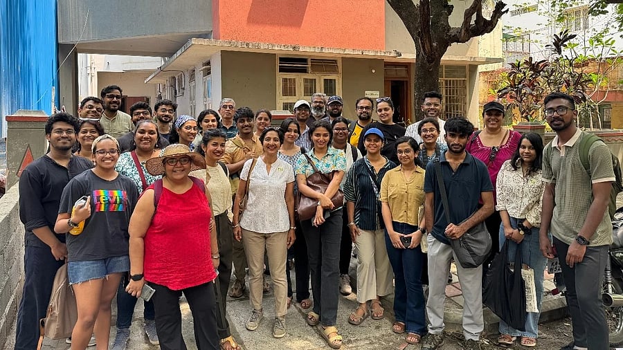 Suchitra Deep (in white top) seen with a group of participants of an ‘Art deco’ walk she organises around Malleswaram.