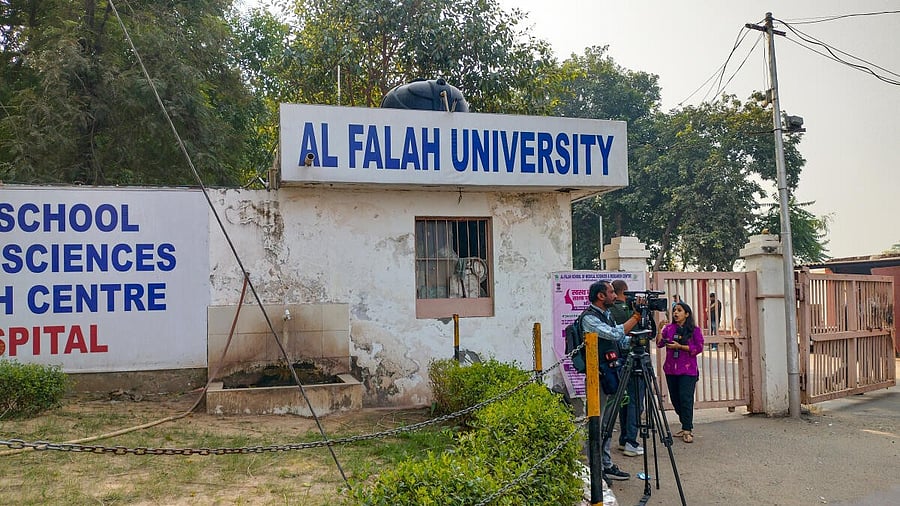 <div class="paragraphs"><p>Media persons outside the Al Falah School of Medical Sciences and Research Centre, in Faridabad, Haryana</p></div>