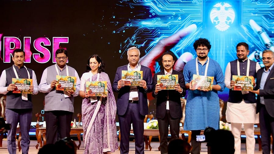 IT-BT Minister Priyank Kharge (third from left) and other dignitaries release the Bengaluru Innovation Report 2025 at Bengaluru Tech Summit 2025 on Wednesday.   