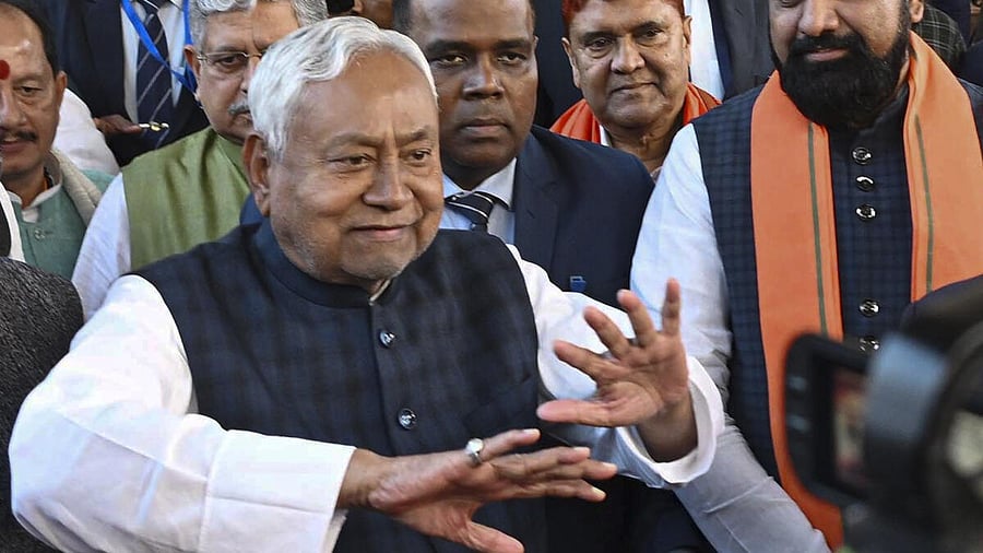 <div class="paragraphs"><p>Nitish Kumar gestures after being as NDA Legislature Party leader. </p></div>