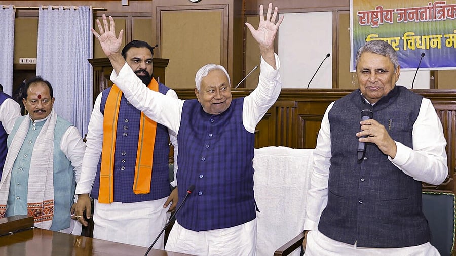 <div class="paragraphs"><p>JD(U) chief Nitish Kumar after being chosen as leader of the NDA during a meeting of the MLAs-elect of the alliance partners, in Patna.</p></div>
