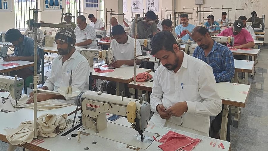 Inmates undergo training in tailoring at the central prison at Sogane near Shivamogga.