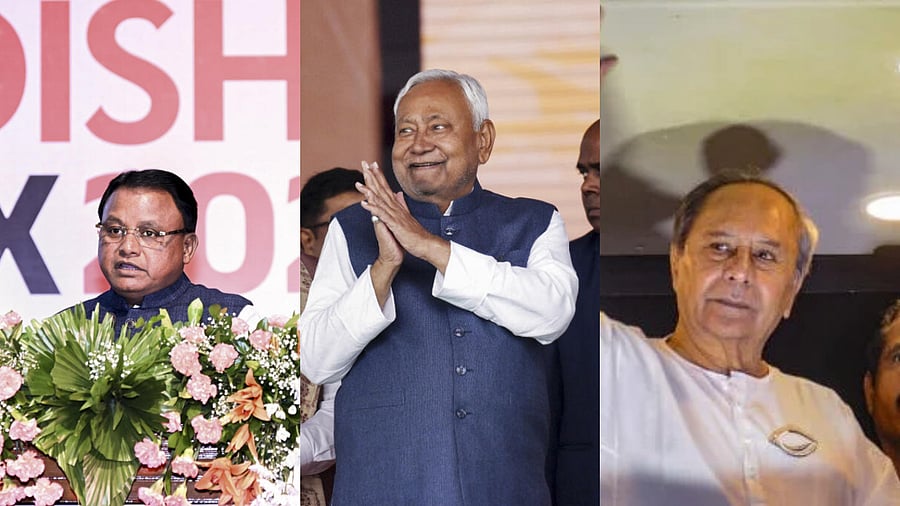 <div class="paragraphs"><p>Odisha Chief Minister Mohan Charan Majhi (L), Bihar Chief Minister Nitish Kumar (M) and BJD president Naveen Patnaik.</p></div>