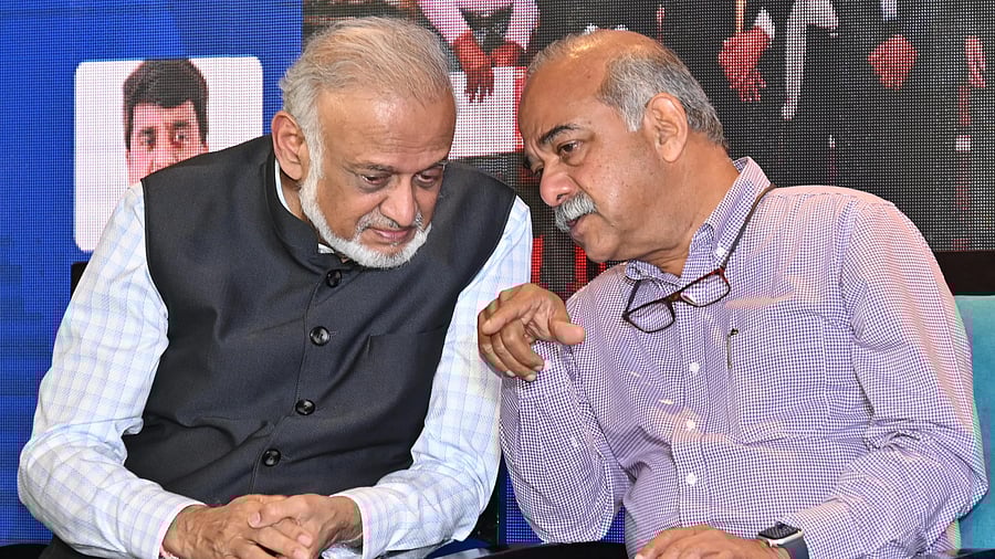 <div class="paragraphs"><p>Former KSCA president Brijesh Patel (left) and KSCA presidential candidate KN Shanth Kumar, Director of The Printers (Mysore) Pvt Ltd, discuss a point during a press conference in Bengaluru on Friday. </p></div>
