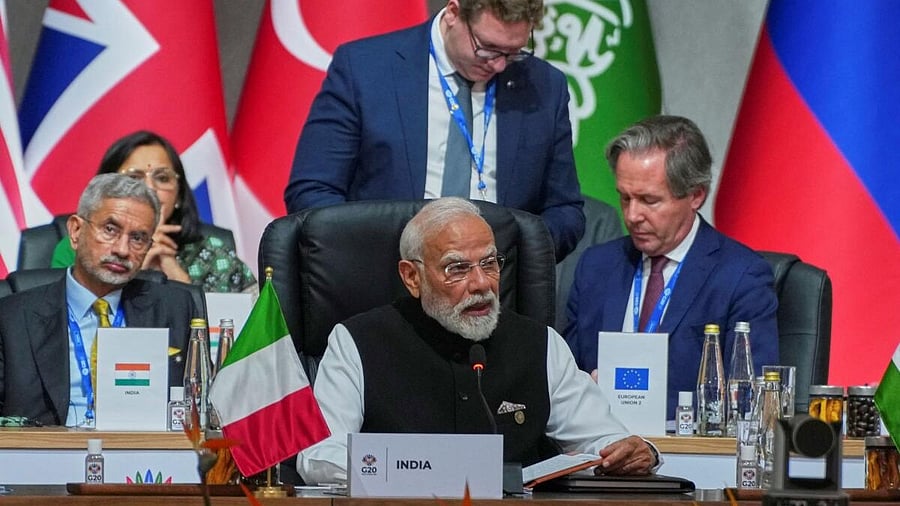 <div class="paragraphs"><p>Prime Minister Narendra Modi addresses the plenary session of the G20 leaders' summit in Johannesburg, South Africa, November 22, 2025.</p></div>