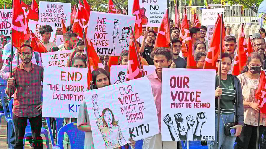 <div class="paragraphs"><p>The members of KITU&nbsp;hold a protest highlighting the employees right to a healthy work-life balance at Freedom Park, Bengaluru on Sunday, March 09, 2025.</p></div>