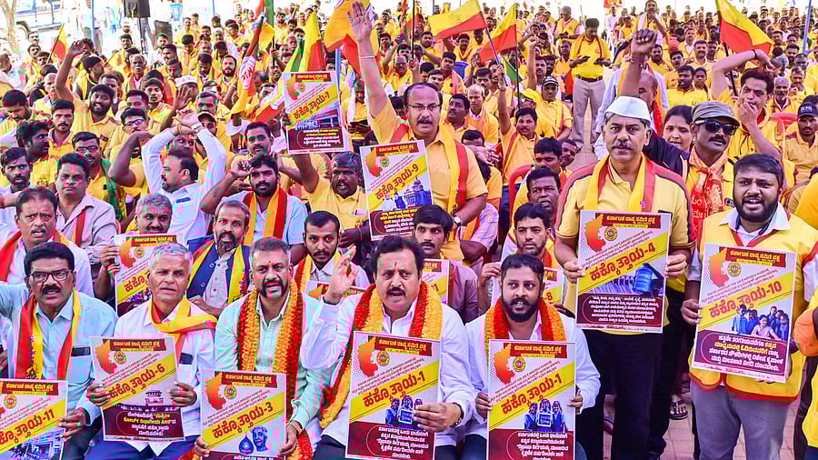 Kannada activists raise slogan during the protest rally at Freedom Park in the city on Saturday.