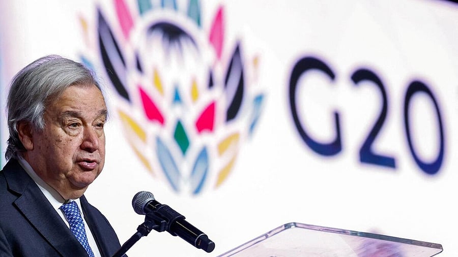 <div class="paragraphs"><p>U.N. Secretary-General Antonio Guterres speaks at a media briefing inside the G20 Summit venue at the Nasrec Expo Centre, ahead of the summit scheduled for November 22–23, in Johannesburg, South Africa, November 21, 2025.</p></div>