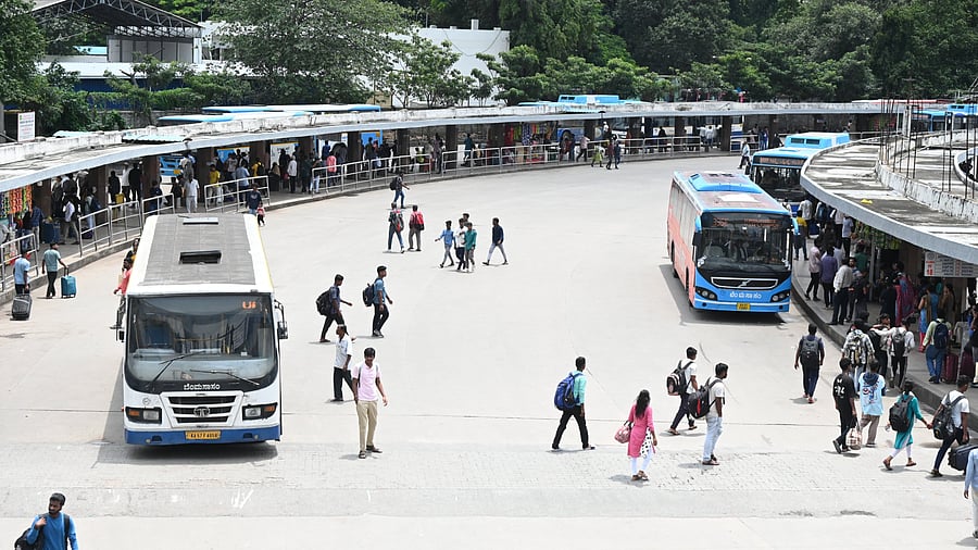 <div class="paragraphs"><p>A few BMTC buses running at the BMTC bus stop in Majestic during the KSRTC &amp; BMTC unions called a strike in Bengaluru on Tuesday. </p></div>