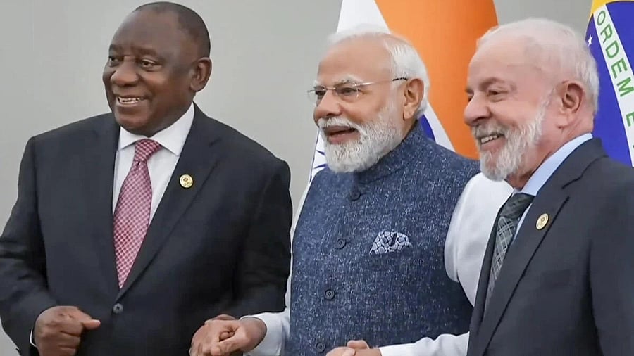 <div class="paragraphs"><p>Prime Minister Narendra Modi with South African President Cyril Ramaphosa, left, and Brazilian President Luiz Inacio Lula da Silva during IBSA Leaders' meeting, on the sidelines of the G20 Summit, in Johannesburg, South Africa.</p></div>