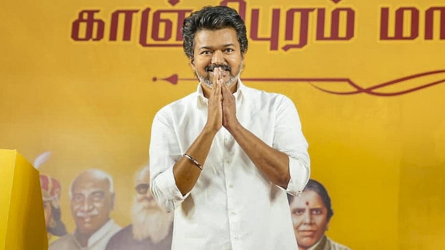 <div class="paragraphs"><p>TVK leader Vijay greets the gathering during a public meeting, in Kanchipuram.</p></div>
