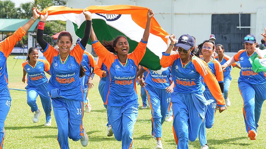 <div class="paragraphs"><p>The team celebrating their win at the SBI 1st Women’s T20 World Cup Cricket for the Blind 2025.&nbsp;</p></div>