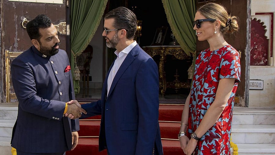 <div class="paragraphs"><p>US President Donald Trump's son Donald Trump Jr, along with girlfriend Bettina Anderson, meets Lakshyaraj Singh Mewar, member of the royal family of erstwhile Mewar, at the wedding of Netra Mantena and Vamsi Gadiraju, in Udaipur.</p></div>