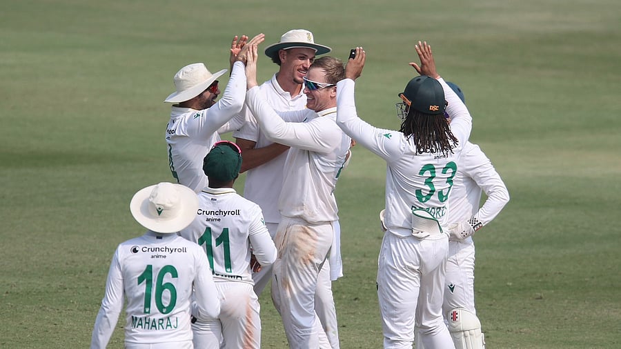 <div class="paragraphs"><p>South African players celebrate a wicket.&nbsp;</p></div>