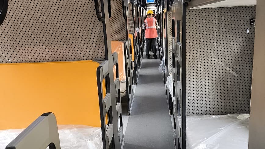 <div class="paragraphs"><p>The interior of a Vande Bharat sleeper train under production at BEML in Bengaluru. </p></div>