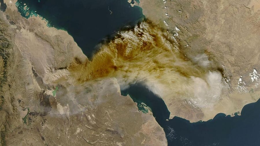 <div class="paragraphs"><p>A satellite image shows ash rising from the eruption of the Hayli Gubbi volcano in Ethiopia as it drifts over the Red Sea, November 23, 2025.</p></div>