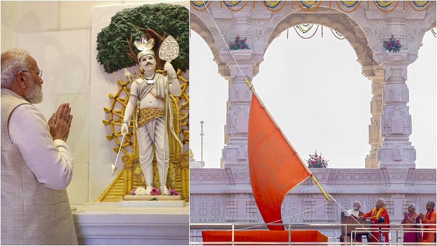 <div class="paragraphs"><p>PM Modi offers prayers at Sapt Mandir (L),&nbsp;with UP Governor Anandiben Patel, CM Yogi Adityanath and RSS chief Mohan Bhagwat during the ‘Dhwajarohan’ ceremony at the Ram Temple</p></div>