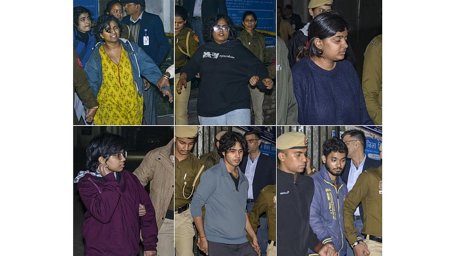 <div class="paragraphs"><p>In this combo photo, protesters who were arrested on charges of obstructing police personnel during a demonstration at the India Gate over pollution, being prouduced at Patiala House Court, in New Delhi, Monday, Nov. 24, 2025. The court on Monday sent protesters to three days judicial custody.</p></div>