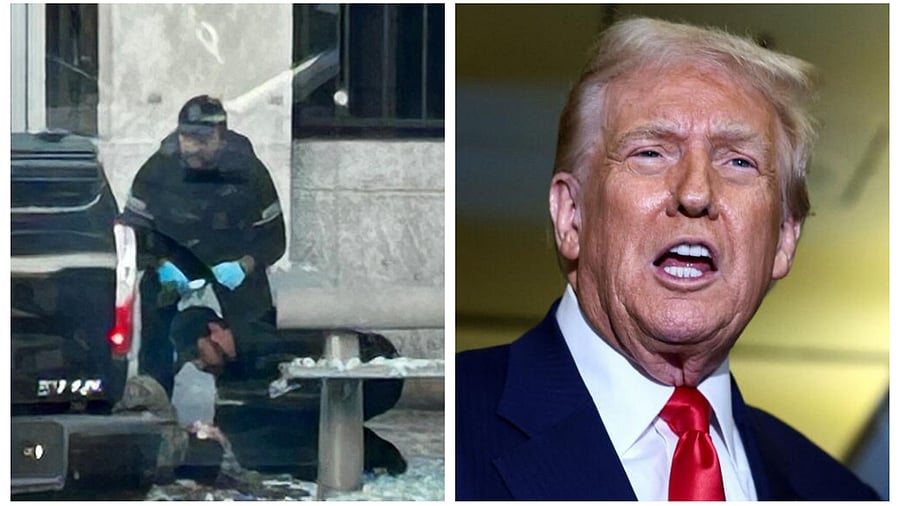 <div class="paragraphs"><p>Law enforcement personnel respond at the scene after two National Guard members were shot near the White House in Washington, D.C., U.S.; (R) President Donald Trump&nbsp;</p></div>