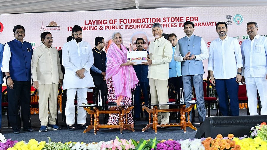 <div class="paragraphs"><p>Nirmala Sitharaman, CM Chandrababu Naidu lay foundation stone for 15 PSBs &amp; insurance companies in Amaravati.</p></div>