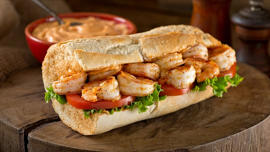 A grilled shrimp Po' Boy sandwich.