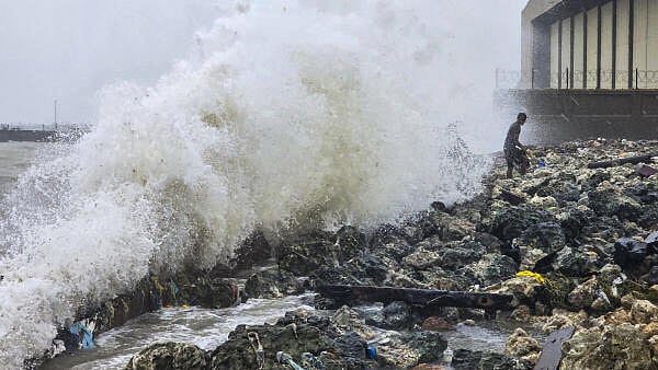 <div class="paragraphs"><p>A man stands on rocks as waves crash against the seaside during rough sea conditions triggered by Cyclone Ditwah, in Tamil Nadu.</p></div>