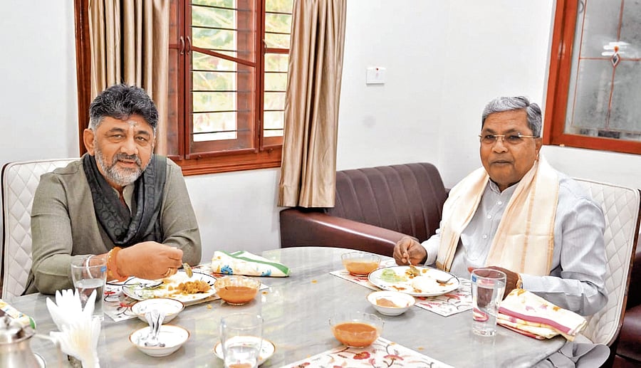 Chief Minister Siddaramaiah and Deputy Chief Minister D K Shivakumar have breakfast at former’s residence in Bengaluru on Saturday.