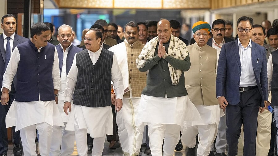 <div class="paragraphs"><p>Union Ministers Rajnath Singh, JP Nadda, Kiren Rijiju, Arjun Ram Meghwal, JD(U) MP Sanjay Jha and others during the all-party meeting ahead of Parliament's winter session, in New Delhi, Sunday, Nov. 30, 2025.</p></div>