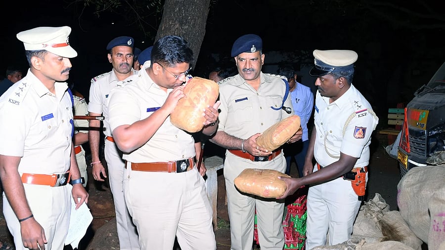 Bidar Superintendent of Police Pradeep Gunti inspect ganja seized in Basavakalyan taluk on Saturday.