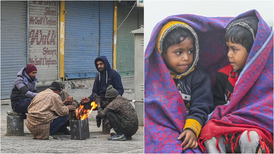 <div class="paragraphs"><p>People warm themselves on a  cold morning in Srinagar(L),&nbsp;Children wrap themselves in a shawl to beat the cold amid foggy morning weather conditions, in Nadia, Bengal.&nbsp;</p></div>