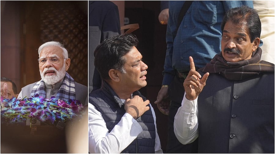 <div class="paragraphs"><p>PM Modi at the Parliament on Monday(L), Congress MPs&nbsp;Hibi Eden and KC Venugopal during the first day of the Winter session</p></div>