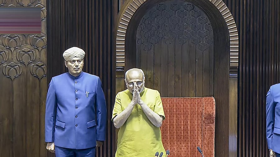 <div class="paragraphs"><p>Vice President CP Radhakrishnan gestures during the first day of the Winter Session of Parliament, in New Delhi.</p></div>